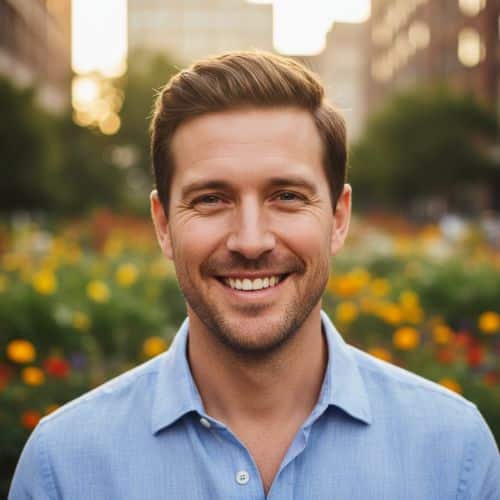 Smiling man in a flower garden