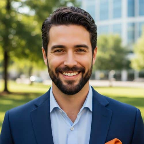 Smiling man in public park