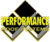 Logo for Performance Roof Systems featuring three black parallelogram shapes stacked diagonally with yellow text overlaid that reads "PERFORMANCE ROOF SYSTEMS.