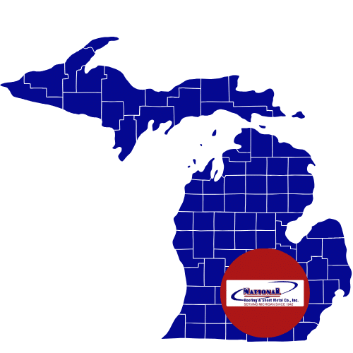 Map of Michigan divided by counties, highlighted with a large red circle over the southern region containing a National Roofing & Sheet Metal Co. logo.