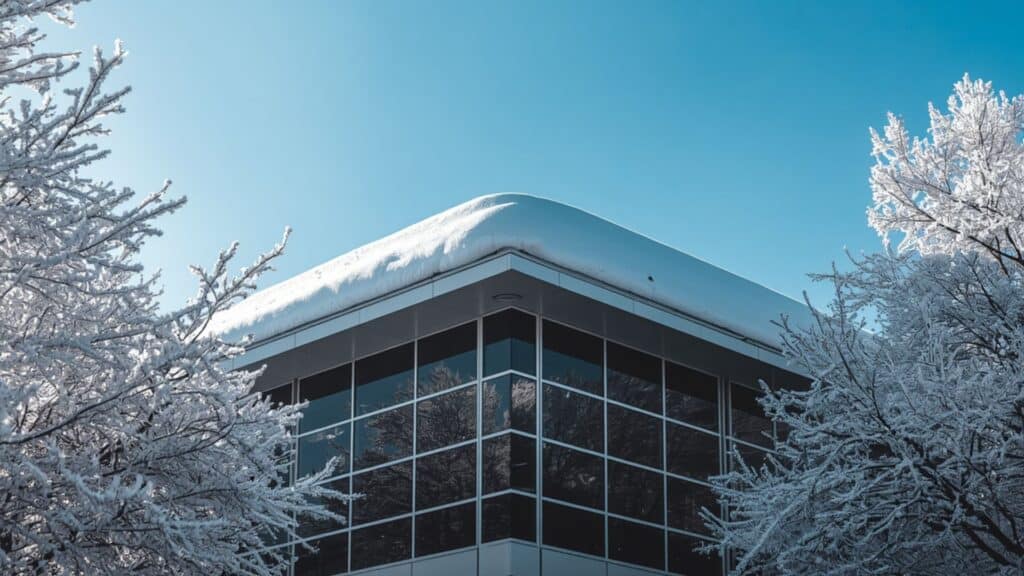 photo of a building with snow on the roof